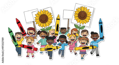 Diverse children holding colorful crayons and sunflowers