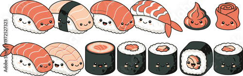 Cute cartoon sushi set characters with smiling faces for japanese food menu design