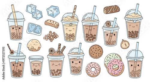A collection of cartoon bubble tea drinks and sweet treats.