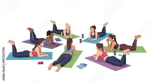 A group of active women in stylish gym clothes relax on colorful yoga mats arranged in a circular formation while chatting after a productive gym session.