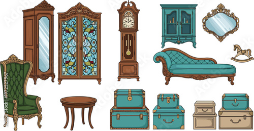 Antique Vintage Furniture Illustration Set Featuring Ornate Wardrobes, Grandfather Clock, Chaise Lounge, Armchair, Storage Trunks, and Decorative Interior Elements