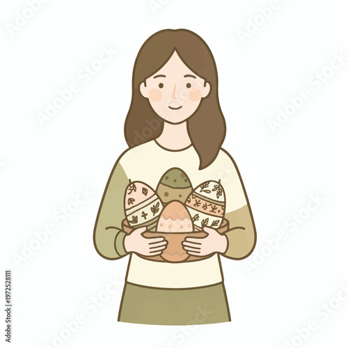 Woman with brown hair in a two-toned top holding three baskets of decorated easter eggs, cute spring holiday illustration, simple character design, minimal graphic style, isolated on white background.