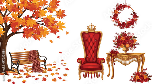 Autumn and Vintage Decor Illustration Set Featuring Fall Tree with Leaves, Park Bench, Royal Chair, Floral Wreath, and Elegant Table Arrangement