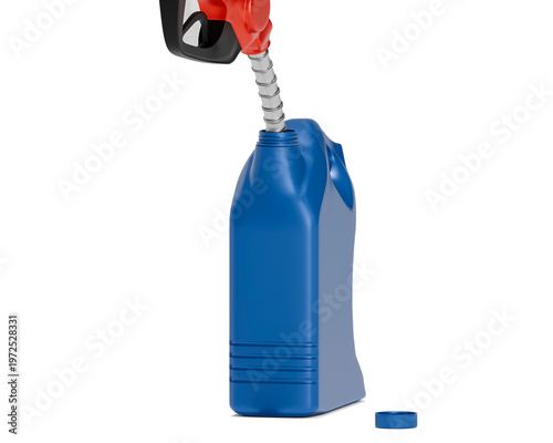 Red fuel nozzle pumping gasoline into blue plastic jerry can isolated on white background