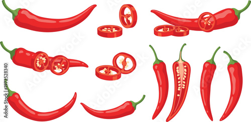 Red chili pepper set with whole and sliced hot peppers spicy food ingredient collection detailed vector illustration for cooking design