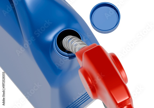 Red fuel nozzle pumping gasoline into blue plastic jerry can isolated on white background