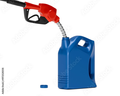 Red fuel nozzle pumping gasoline into blue plastic jerry can isolated on white background