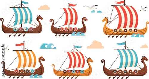 Viking ships set with colorful longboats sailing on sea waves ancient Scandinavian drakkar vessels cartoon vector illustration collection
