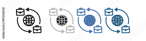 
consignment icon set multiple style collection with two briefcase designs, upper and lower semicircle and globe