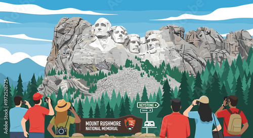 Tourists admire the majestic Mount Rushmore National Memorial, a sculpture of four U.S. presidents carved into a mountainside, surrounded by pine trees.