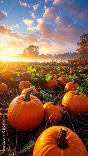 Vibrant Pumpkin Field at Sunset with Dramatic Cloudy Sky