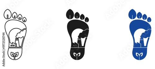Ecological Carbon Footprint Icon Set with Factory Smoke and Leaf Symbol; Industrial Pollution, Environmental Impact, and Sustainable Nature Conservation Vector Illustration for Green Technology