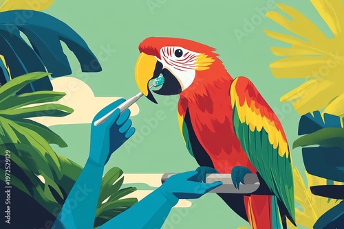 Vibrant parrot receiving dental care in lush jungle setting