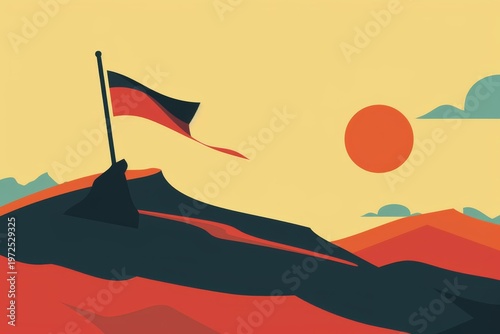 Abstract landscape with flag and sun in minimalist style