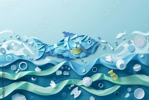 Ocean pollution concept with fish amidst plastic waste in waves