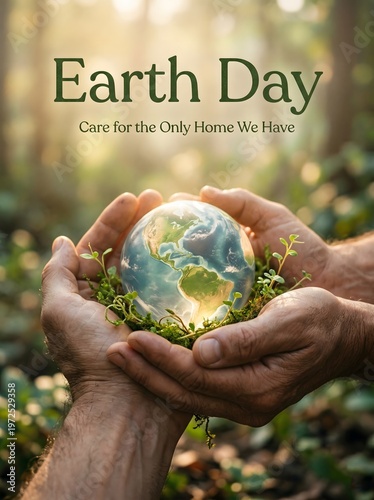 Hands cradle glowing earth globe nestled in green moss symbolizing environmental care and earth day