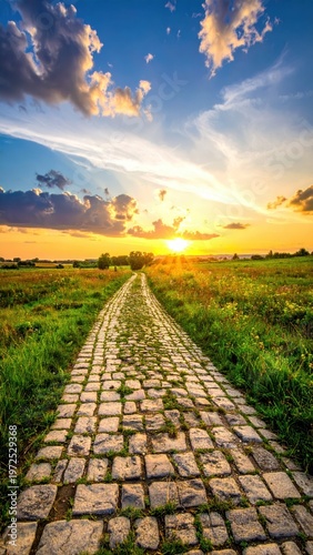 Scenic Sunset Pathway Through Green Fields with Colorful Sky