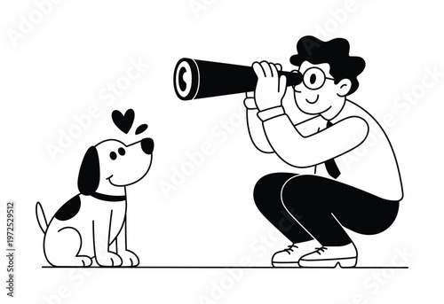 Man with Telescope Looks at Adorable Dog with Heart Above Head