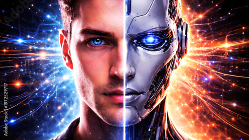 Wallpaper Mural Robot face merging with human face, half split design. Torontodigital.ca