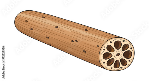 A whole lotus root, showcasing its elongated cylindrical shape and a cross-section revealing its intricate pattern of air channels, a versatile Asian vegetable.