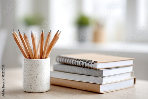 Back-to-school and lifelong learning concept featuring colorful books and drawing pencils in a bright, modern setting.