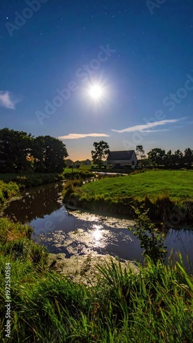 Serene Night Landscape with Moonlight Reflecting on Water