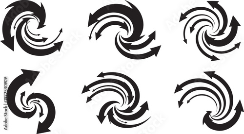 Set of black swirling arrow icons on white