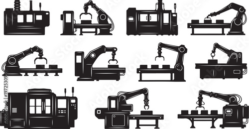 Industrial robotic arms and machinery in factory settings