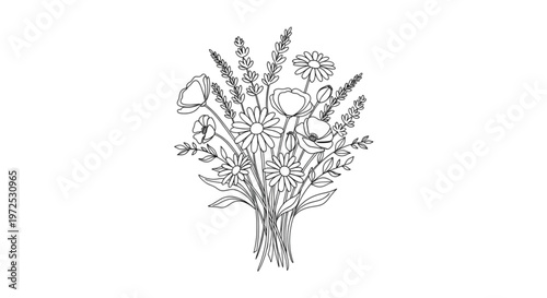 Quadro su tela High Quality Black Continuous Line Wildflower Bouquet – Minimal Botanical Illust