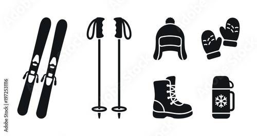 Set of black winter sport icons. Vector collection includes skis, poles, hat, mittens, boot, and thermos. For web design, travel, or winter activity themes.