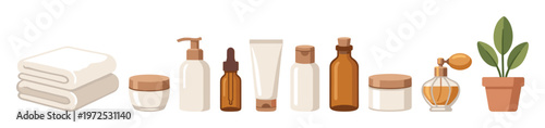 Vector set of skincare and beauty products like cream, serum, lotion. Ideal for spa, wellness, natural self-care concepts or cosmetic mockups.