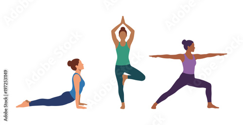Set of diverse women practicing yoga. Flat vector illustration showing different fitness poses for wellness, balance, and mindful lifestyle concepts. Perfect for health.