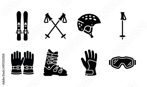 Set of black ski equipment icons for winter sports. Vector collection of skis, poles, helmet, goggles, and boots. For web design, apps, and infographics.