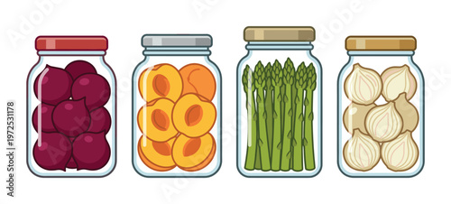 A set of four vector icons showing canned food. Glass jars with preserved beets, peaches, asparagus, and onions for pantry or harvest concepts.