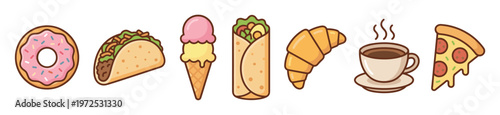 A set of cute cartoon food and drink vector icons. Includes pizza, donut, taco, coffee and more. Perfect for menus, websites, stickers, and app design.