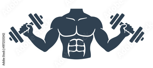 Stylized icon of a muscular man's torso lifting dumbbells. Symbolizes fitness, bodybuilding, and strength. Perfect vector for a gym logo, app, or workout design.