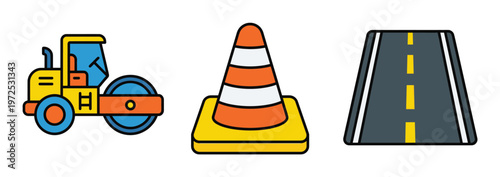A set of road construction vector icons including a steamroller, traffic cone, and asphalt road. Perfect for infrastructure or transportation design projects.
