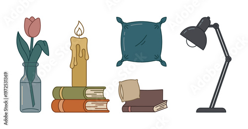 A vector illustration set of cozy home objects for a hygge lifestyle. Includes a lamp, books, candle, flower, and pillows. Perfect for blogs or branding.