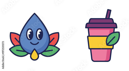 A set of cute, eco-friendly vector icons. A happy water drop mascot and a healthy beverage cup with a leaf. For branding, apps, and healthy lifestyle concepts.
