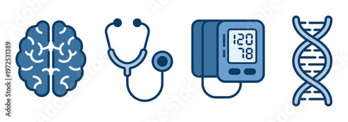 Set of medical icons for healthcare and science. Vector symbols of brain, stethoscope, DNA, and blood pressure monitor for design projects, web, and infographics.