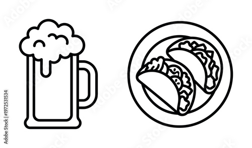 A simple line icon set of a beer mug with foam and Mexican tacos on a plate. Perfect for restaurant menus, bars, food festivals, and pub promotions. Vector.