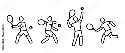 A set of four linear icons showing a tennis player in various action poses. Minimalist vector for sports app, website, or infographic.