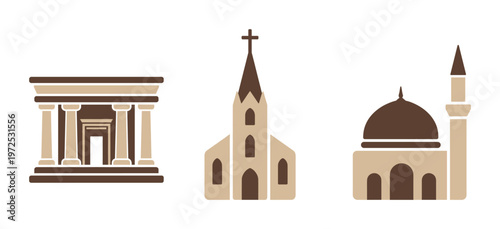 A set of religious building icons: a temple, a church, and a mosque. Minimalist vector illustration for themes of faith, culture, diversity, and architecture.