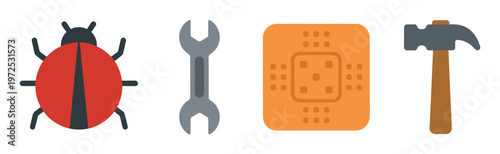 A vector icon set for bug fixing and repair. Includes a ladybug, wrench, bandage, and hammer. Ideal for software development, tech support, and UI design.
