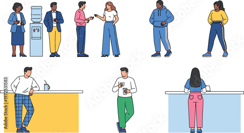 Office Workers Daily Activities Set with Business People Drinking Coffee, Talking, Using Water Dispenser and Workplace Interaction Scenes for Corporate Illustration