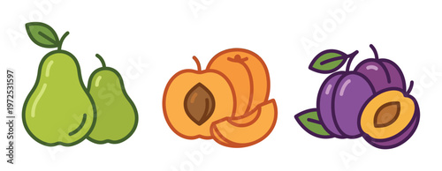 A vibrant set of fruit icons including pears, apricots, and plums. Minimalist vector illustration style perfect for food blogs, healthy eating graphics, and web design.