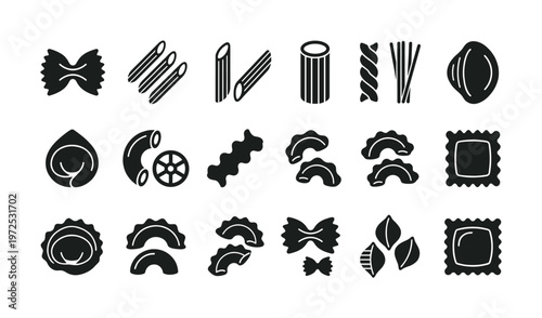 Set of various Italian pasta shapes. Black glyph icons collection for restaurant menu, food packaging or web design. Includes farfalle, penne, fusilli, ravioli.