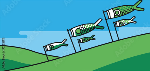 Green koinobori windsock flags flying over green hills against blue sky backdrop