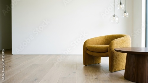 Cozy, Curved Yellow Chair and Modern Wooden Table in a Minimalist Interior Decor Space