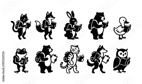 A charming set of cute animal students like a cat, bear, and fox with backpacks reading books. Black vector icons for education, school, or library themes.